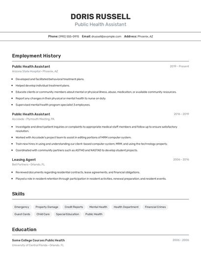 Public Health Assistant Resume
