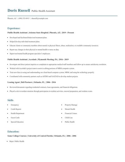 Public Health Assistant Resume