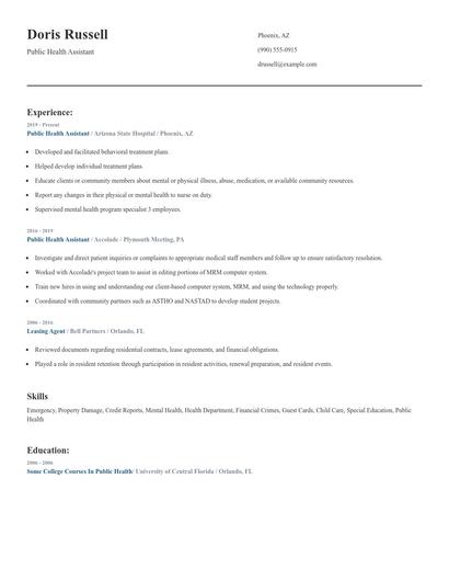 Public Health Assistant Resume