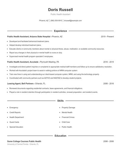 Public Health Assistant Resume