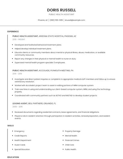 Public Health Assistant Resume