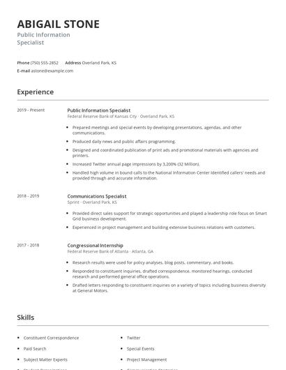 Public Information Specialist Resume