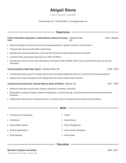 Public Information Specialist Resume