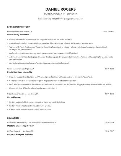 Public Policy Internship Resume