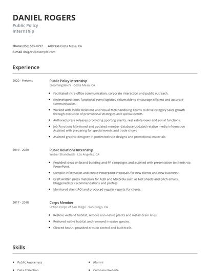 Public Policy Internship Resume