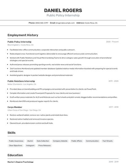 Public Policy Internship Resume