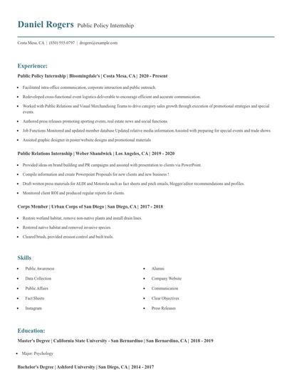 Public Policy Internship Resume