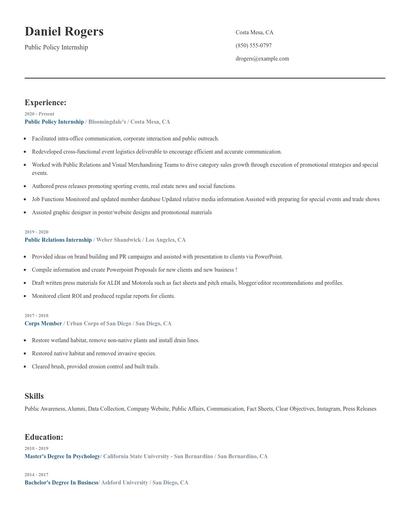 Public Policy Internship Resume