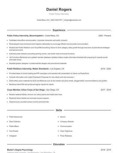 Public Policy Internship Resume