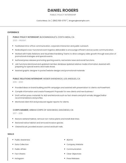 Public Policy Internship Resume