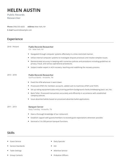Public Records Researcher Resume
