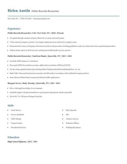 Public Records Researcher Resume