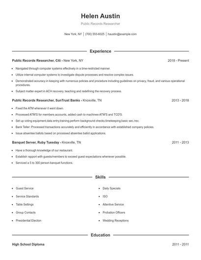 Public Records Researcher Resume