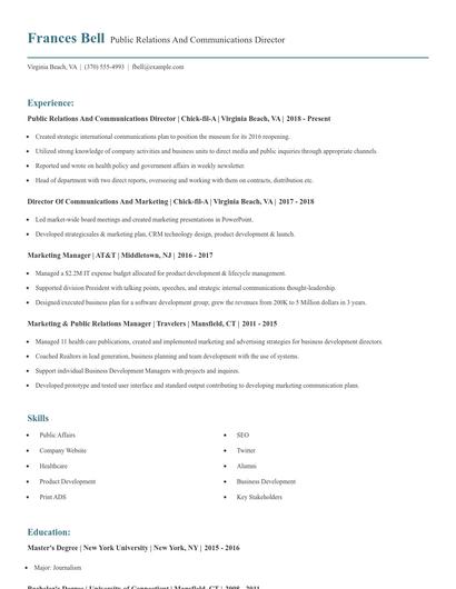Public Relations And Communications Director Resume