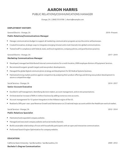 Public Relations/Communications Manager Resume