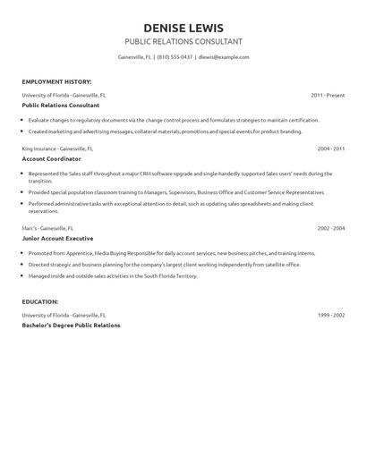Public Relations Consultant Resume