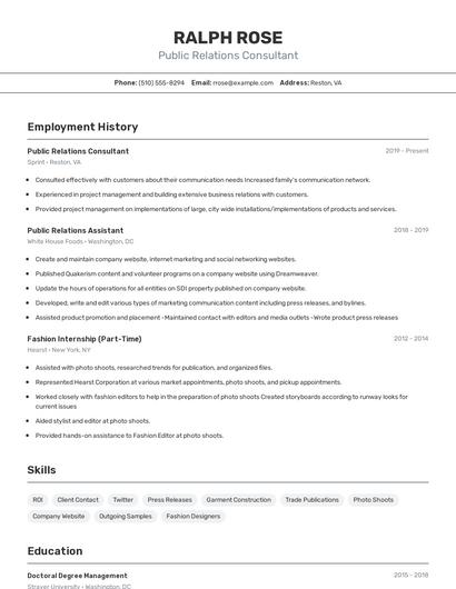 Public Relations Consultant Resume