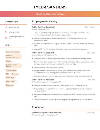 Public Relations Consultant Resume