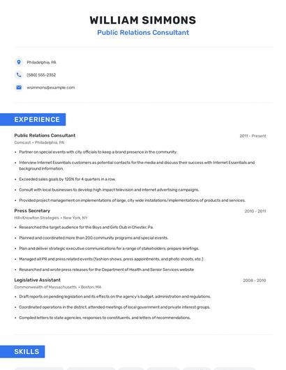 Public Relations Consultant Resume