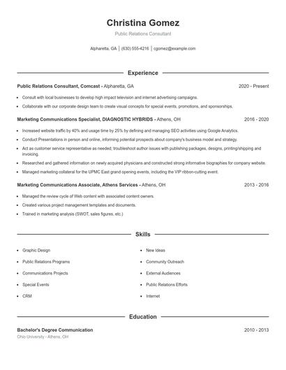 Public Relations Consultant Resume