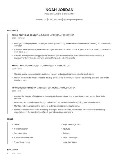 Public Relations Consultant Resume