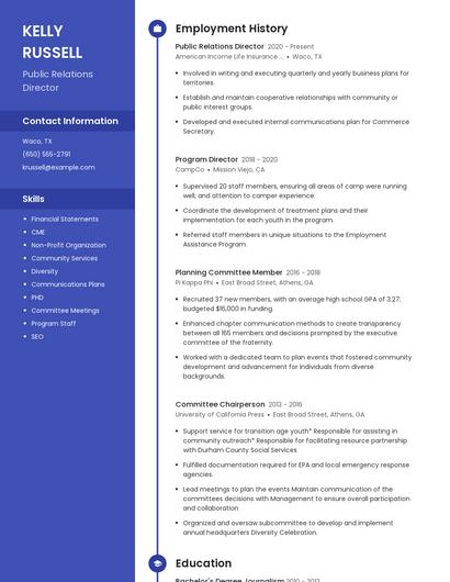 Public Relations Director Resume