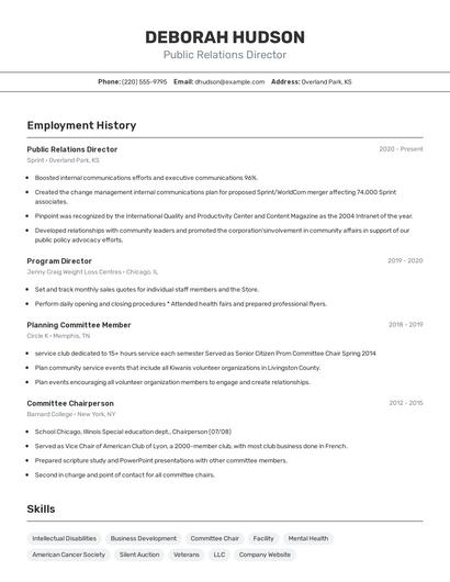 Public Relations Director Resume