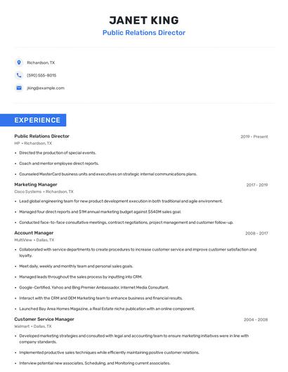 Public Relations Director Resume