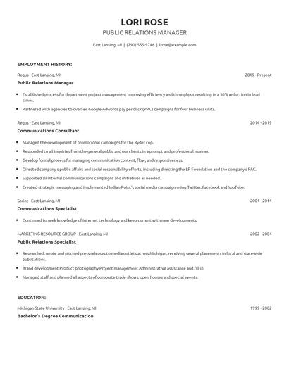 Public Relations Manager Resume