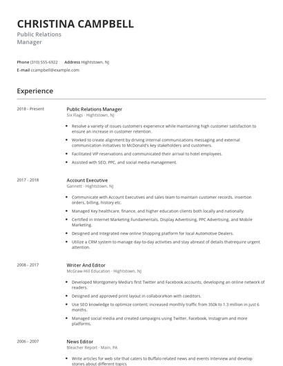 Public Relations Manager Resume