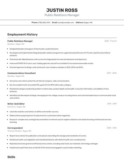 Public Relations Manager Resume
