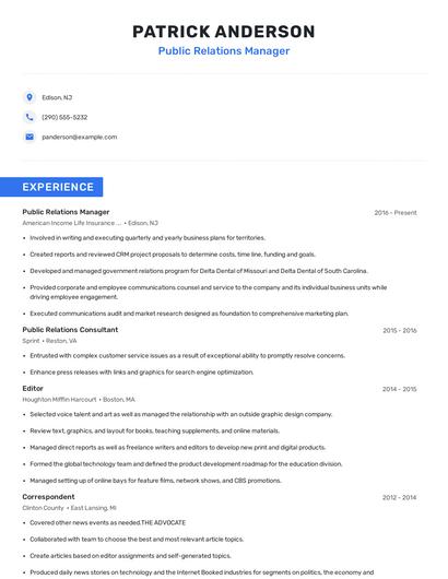 Public Relations Manager Resume