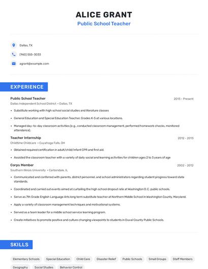 Public School Teacher Resume