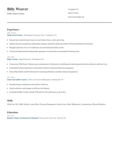 Public School Teacher Resume