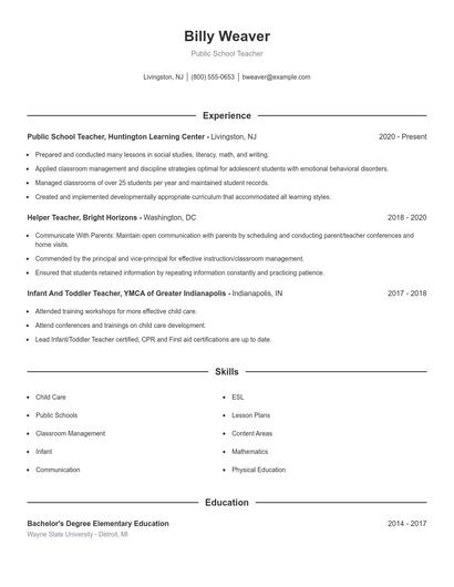 Public School Teacher Resume