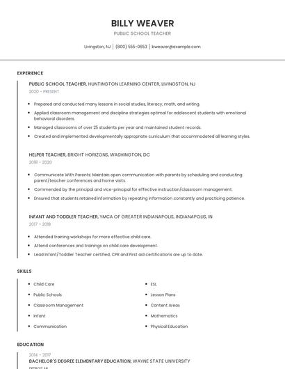 Public School Teacher Resume