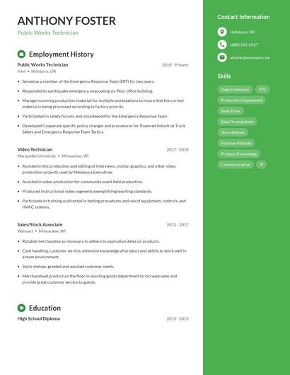 Public Works Technician Resume