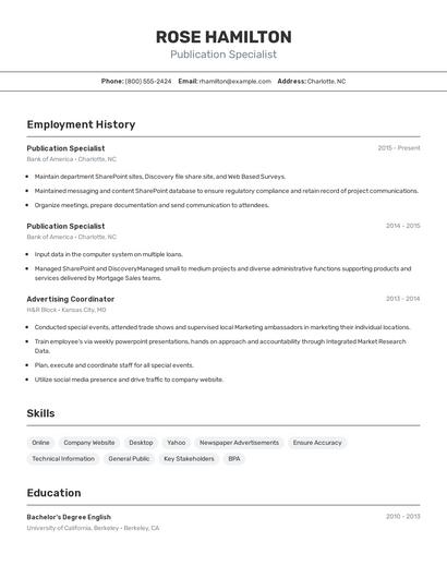 Publication Specialist Resume