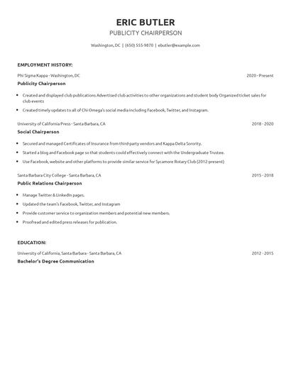 Publicity Chairperson Resume