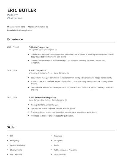 Publicity Chairperson Resume
