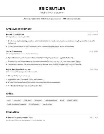 Publicity Chairperson Resume