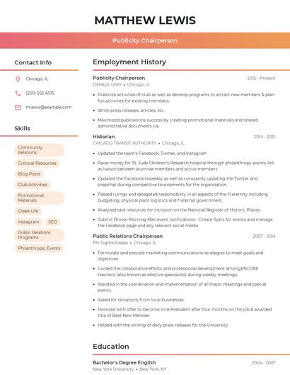 Publicity Chairperson Resume
