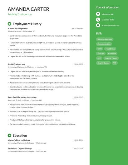 Publicity Chairperson Resume