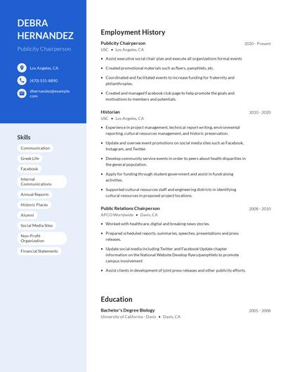 Publicity Chairperson Resume