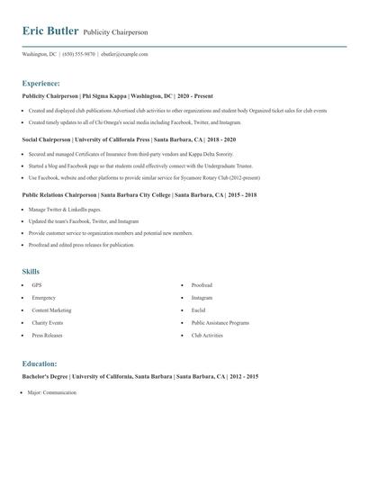 Publicity Chairperson Resume