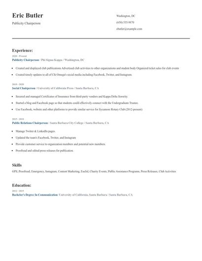 Publicity Chairperson Resume
