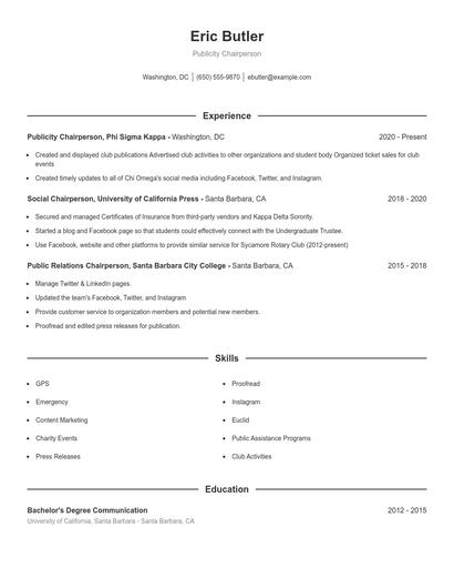 Publicity Chairperson Resume