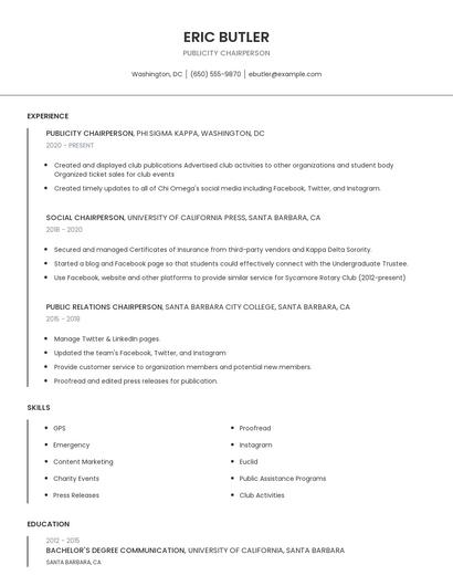 Publicity Chairperson Resume