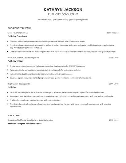 Publicity Consultant Resume