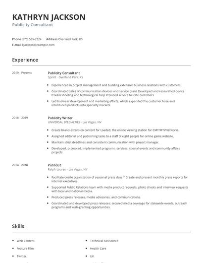 Publicity Consultant Resume